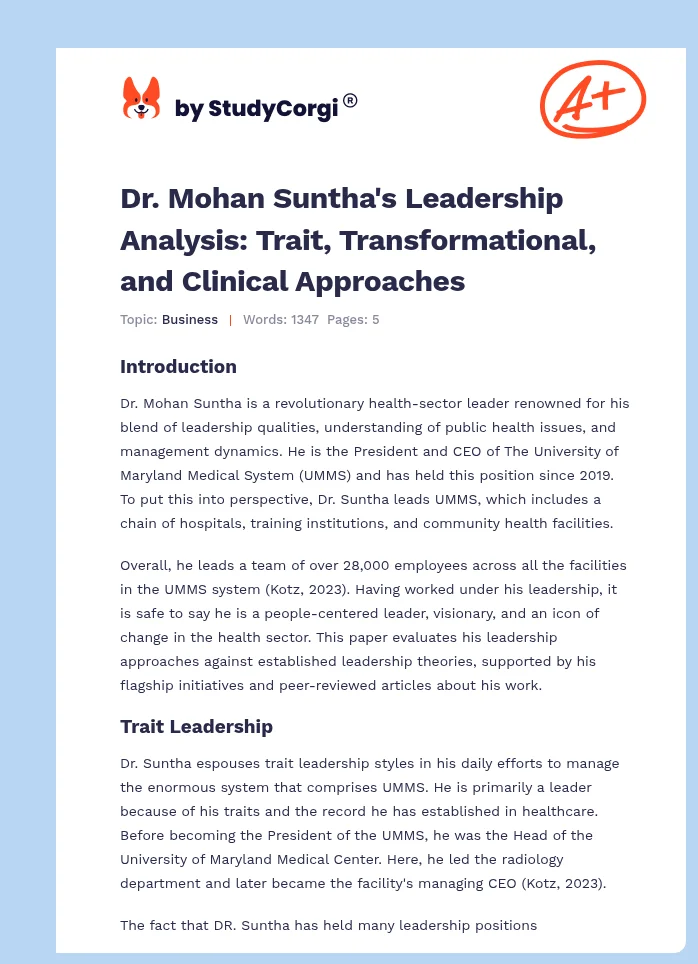 Dr. Mohan Suntha's Leadership Analysis: Trait, Transformational, and Clinical Approaches. Page 1