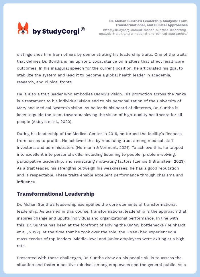 Dr. Mohan Suntha's Leadership Analysis: Trait, Transformational, and Clinical Approaches. Page 2