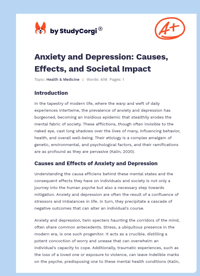 Anxiety and Depression: Causes, Effects, and Societal Impact. Page 1
