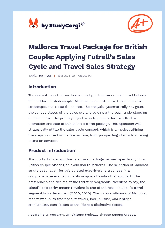 Mallorca Travel Package for British Couple: Applying Futrell’s Sales Cycle and Travel Sales Strategy. Page 1