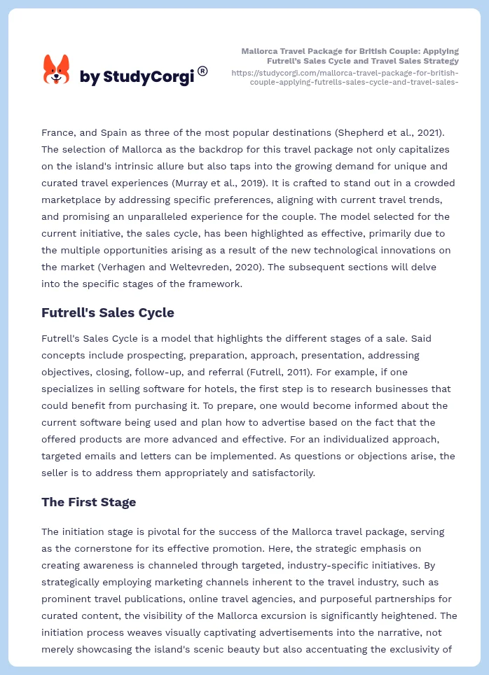 Mallorca Travel Package for British Couple: Applying Futrell’s Sales Cycle and Travel Sales Strategy. Page 2