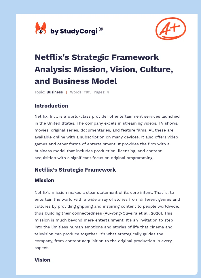 Netflix's Strategic Framework Analysis: Mission, Vision, Culture, and Business Model. Page 1