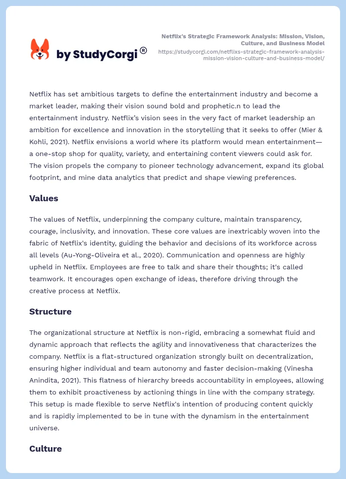 Netflix's Strategic Framework Analysis: Mission, Vision, Culture, and Business Model. Page 2