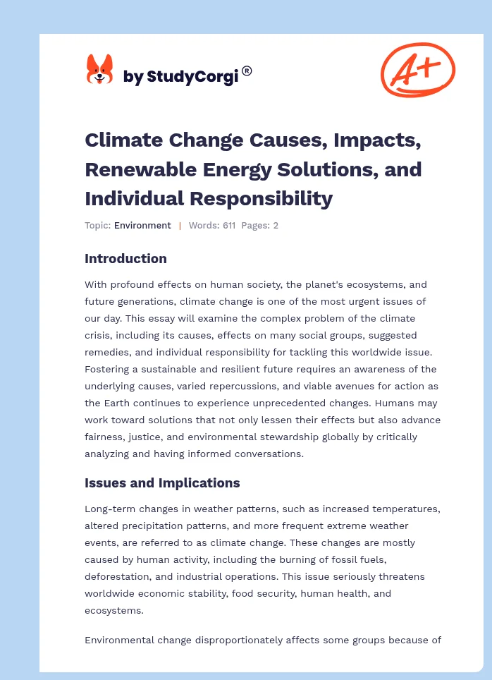 Climate Change Causes, Impacts, Renewable Energy Solutions, and Individual Responsibility. Page 1
