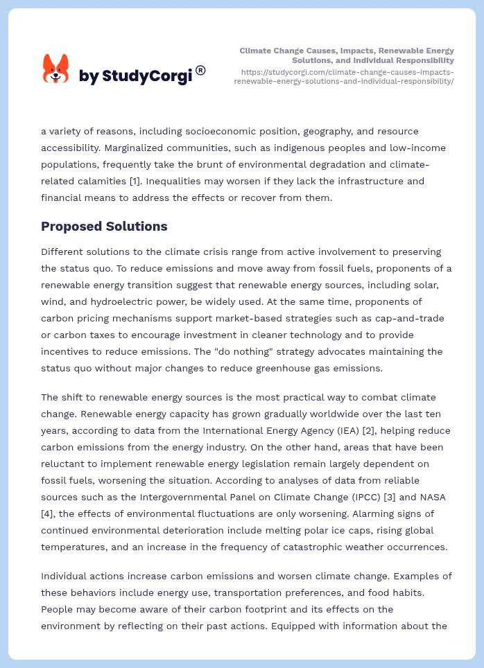 Climate Change Causes, Impacts, Renewable Energy Solutions, and Individual Responsibility. Page 2
