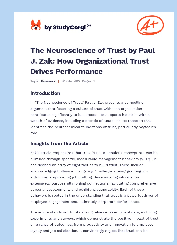 The Neuroscience of Trust by Paul J. Zak: How Organizational Trust Drives Performance. Page 1