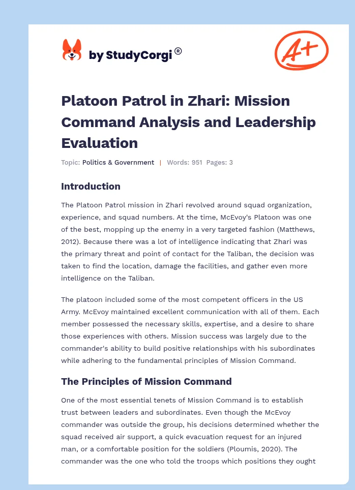 Platoon Patrol in Zhari: Mission Command Analysis and Leadership Evaluation. Page 1