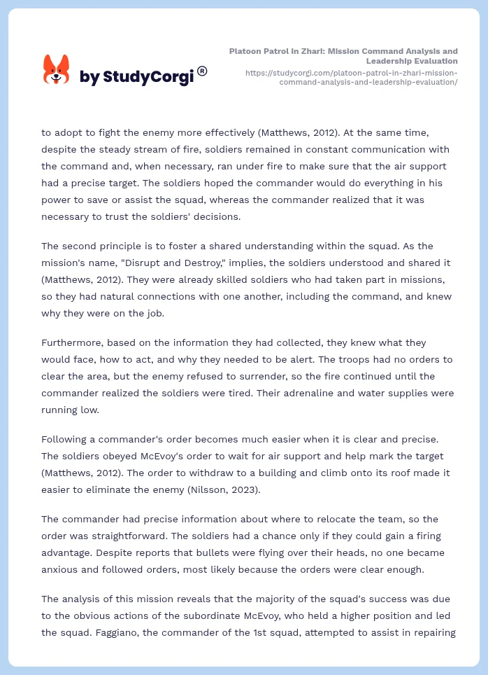 Platoon Patrol in Zhari: Mission Command Analysis and Leadership Evaluation. Page 2