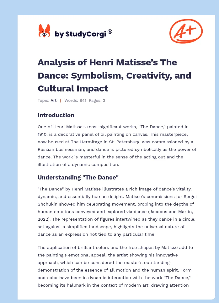 Analysis of Henri Matisse’s The Dance: Symbolism, Creativity, and Cultural Impact. Page 1