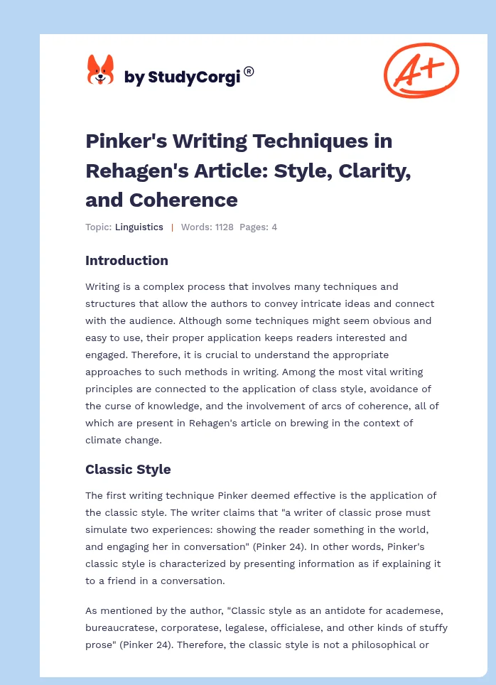 Pinker's Writing Techniques in Rehagen's Article: Style, Clarity, and Coherence. Page 1