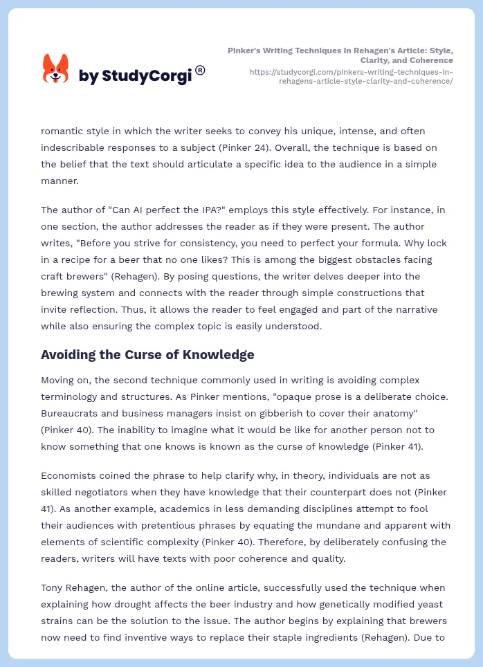 Pinker's Writing Techniques in Rehagen's Article: Style, Clarity, and Coherence. Page 2