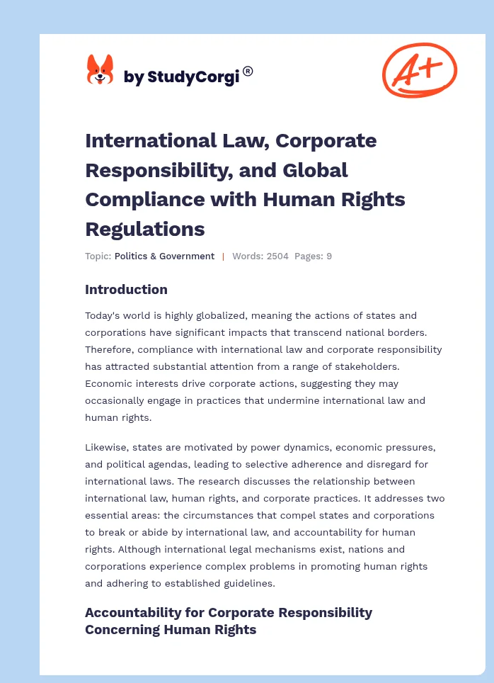 International Law, Corporate Responsibility, and Global Compliance with Human Rights Regulations. Page 1