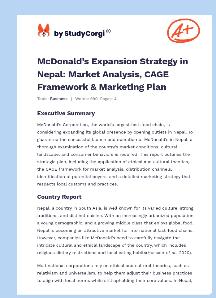 McDonald’s Expansion Strategy in Nepal: Market Analysis, CAGE Framework & Marketing Plan. Page 1
