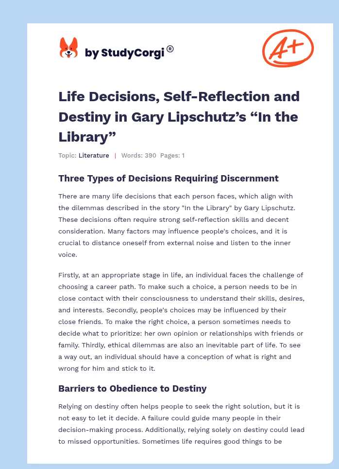 Life Decisions, Self-Reflection and Destiny in Gary Lipschutz’s “In the Library”. Page 1