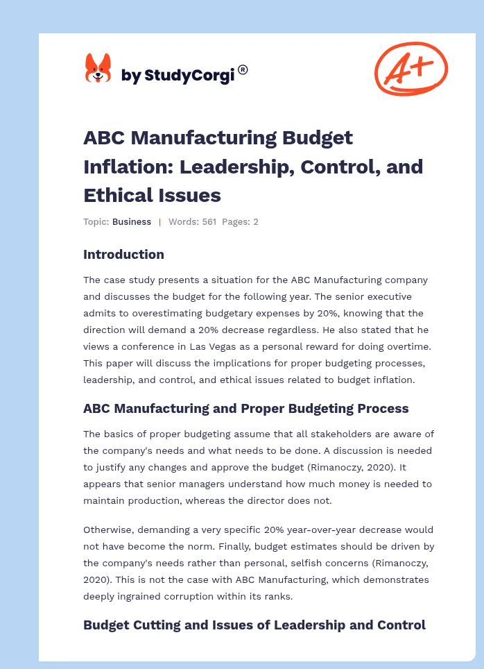 ABC Manufacturing Budget Inflation: Leadership, Control, and Ethical Issues. Page 1