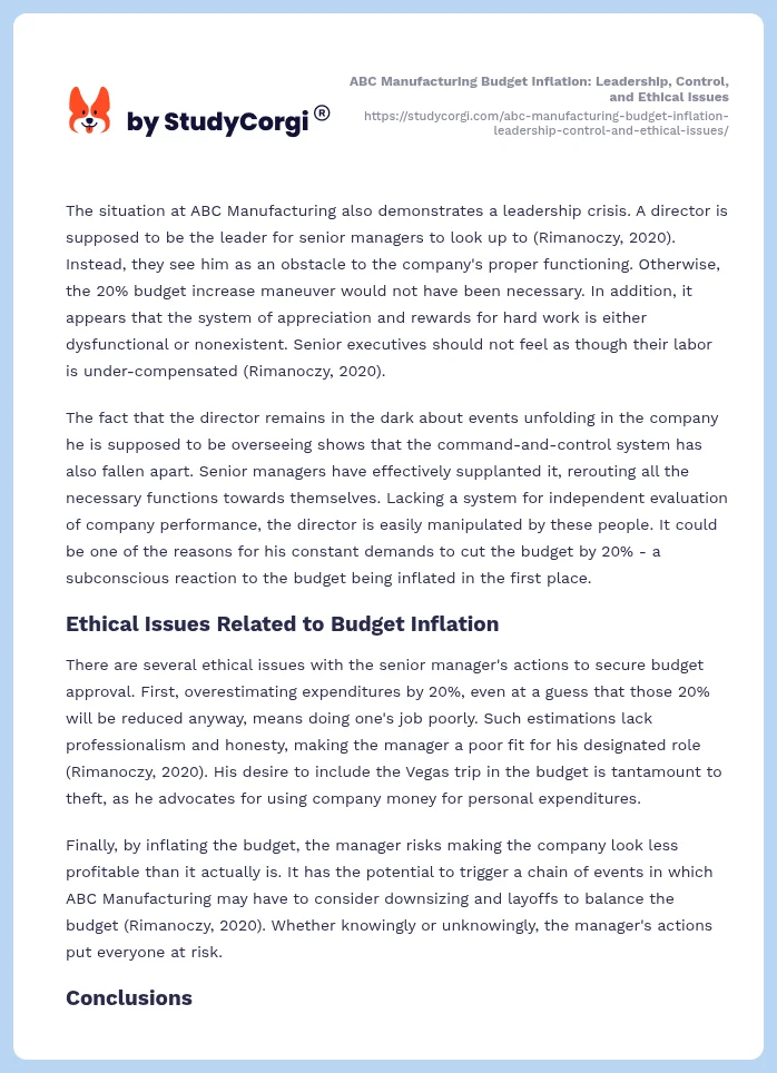 ABC Manufacturing Budget Inflation: Leadership, Control, and Ethical Issues. Page 2