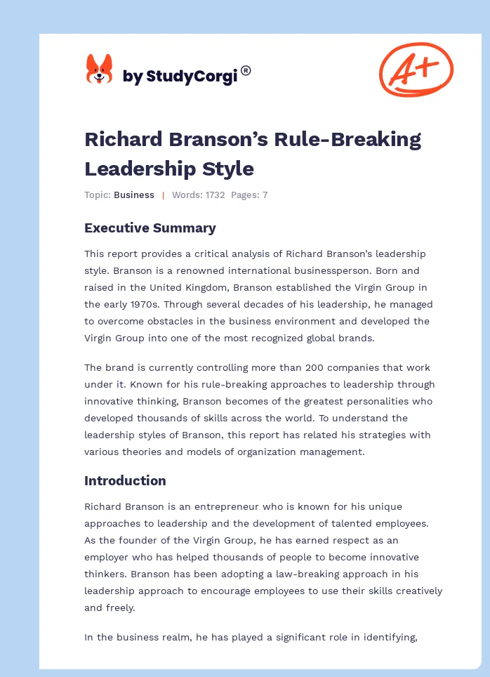 Richard Branson’s Rule-Breaking Leadership Style. Page 1