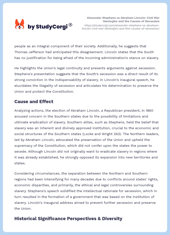 Alexander Stephens vs Abraham Lincoln: Civil War Ideologies and the Causes of Secession. Page 2