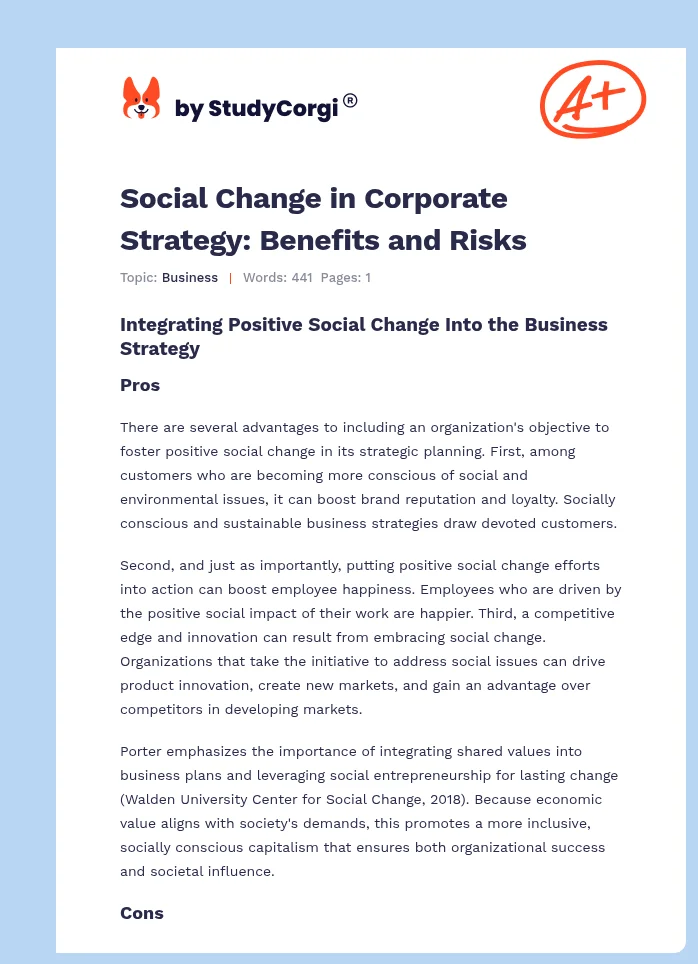 Social Change in Corporate Strategy: Benefits and Risks. Page 1
