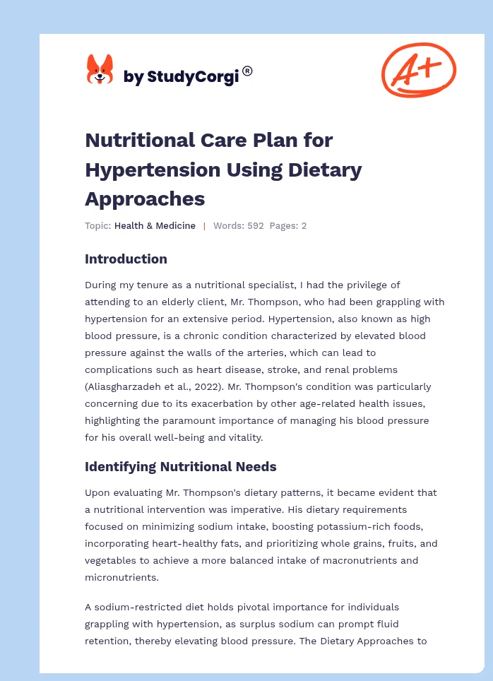 Nutritional Care Plan for Hypertension Using Dietary Approaches. Page 1