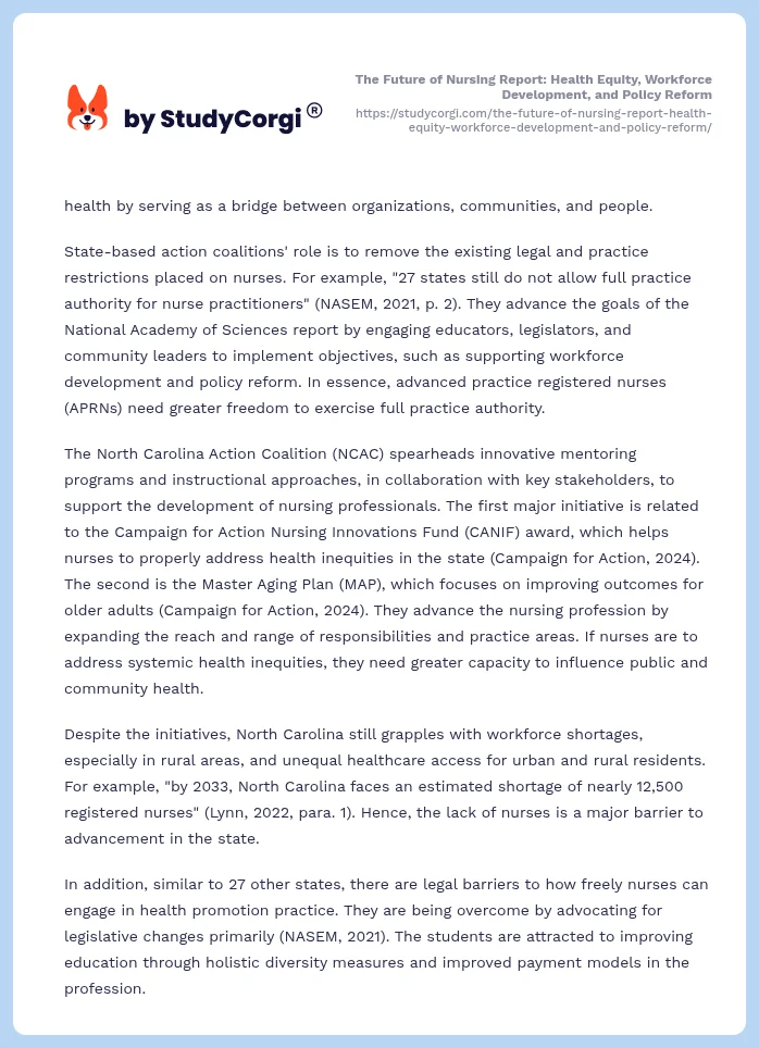 The Future of Nursing Report: Health Equity, Workforce Development, and Policy Reform. Page 2