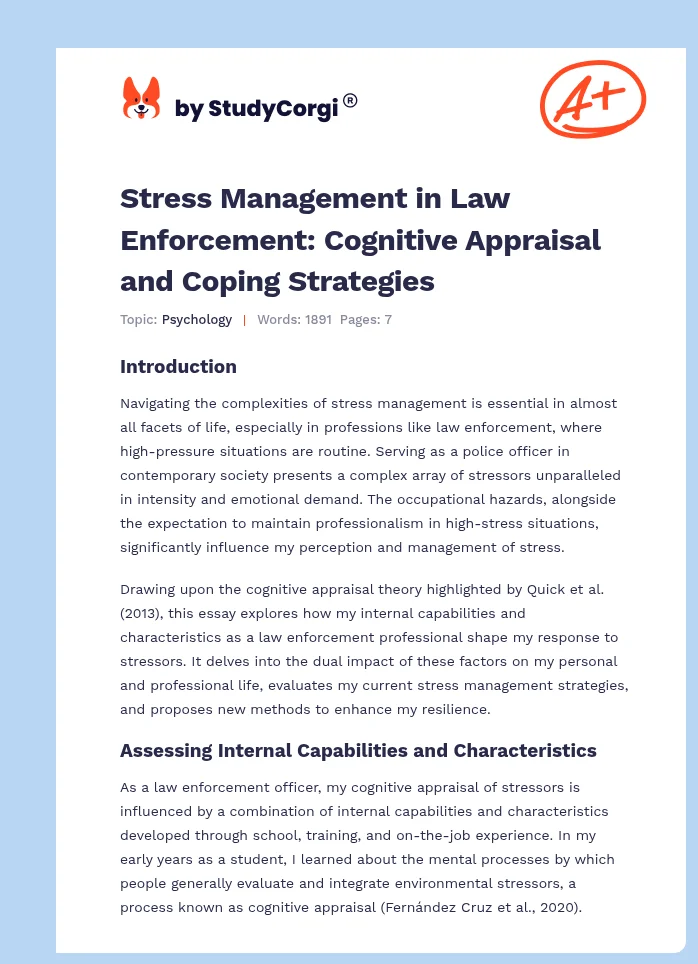 Stress Management in Law Enforcement: Cognitive Appraisal and Coping Strategies. Page 1