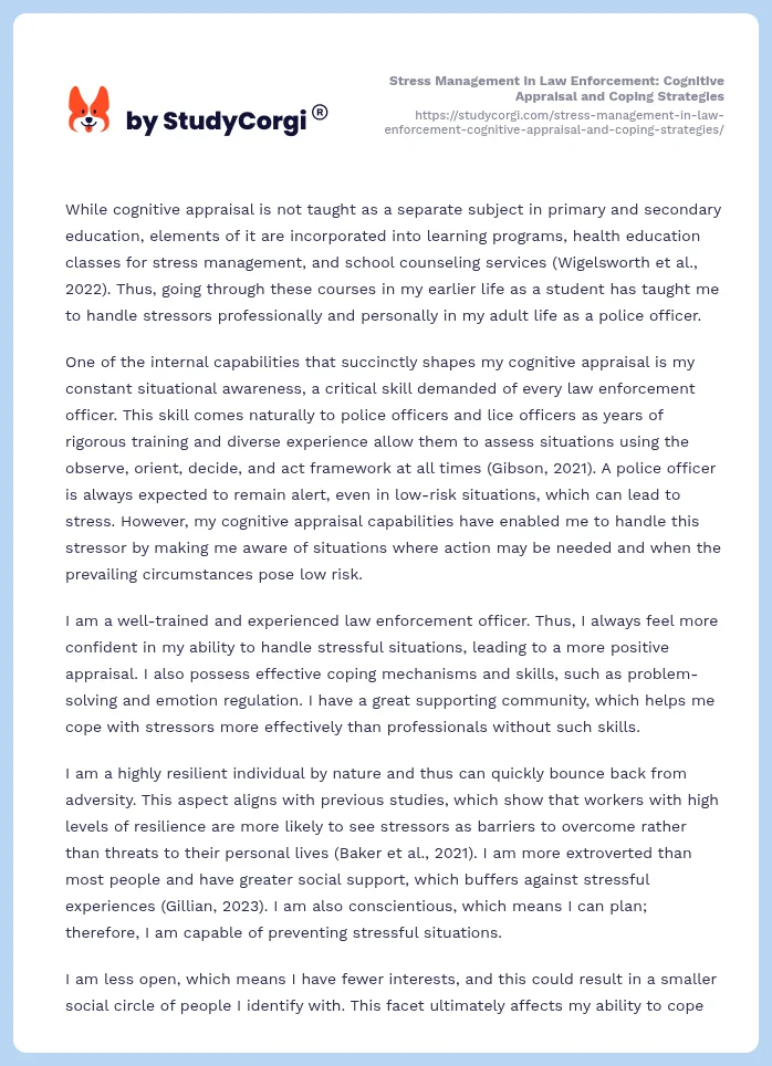 Stress Management in Law Enforcement: Cognitive Appraisal and Coping Strategies. Page 2