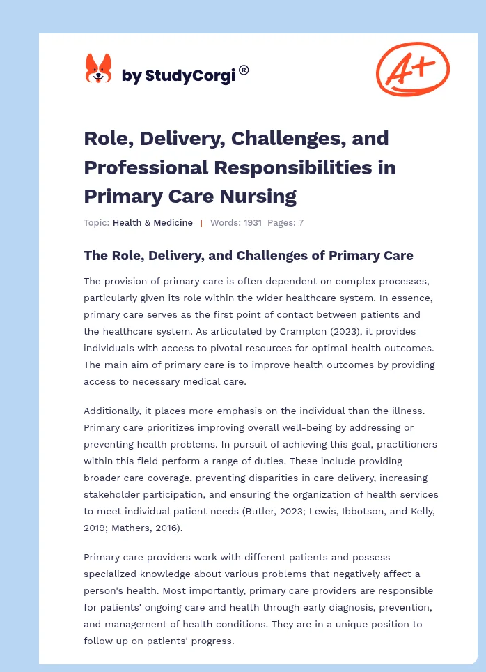 Role, Delivery, Challenges, and Professional Responsibilities in Primary Care Nursing. Page 1