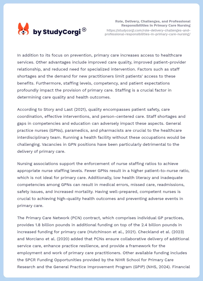 Role, Delivery, Challenges, and Professional Responsibilities in Primary Care Nursing. Page 2