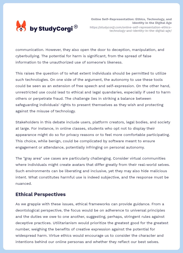 Online Self-Representation: Ethics, Technology, and Identity in the Digital Age. Page 2