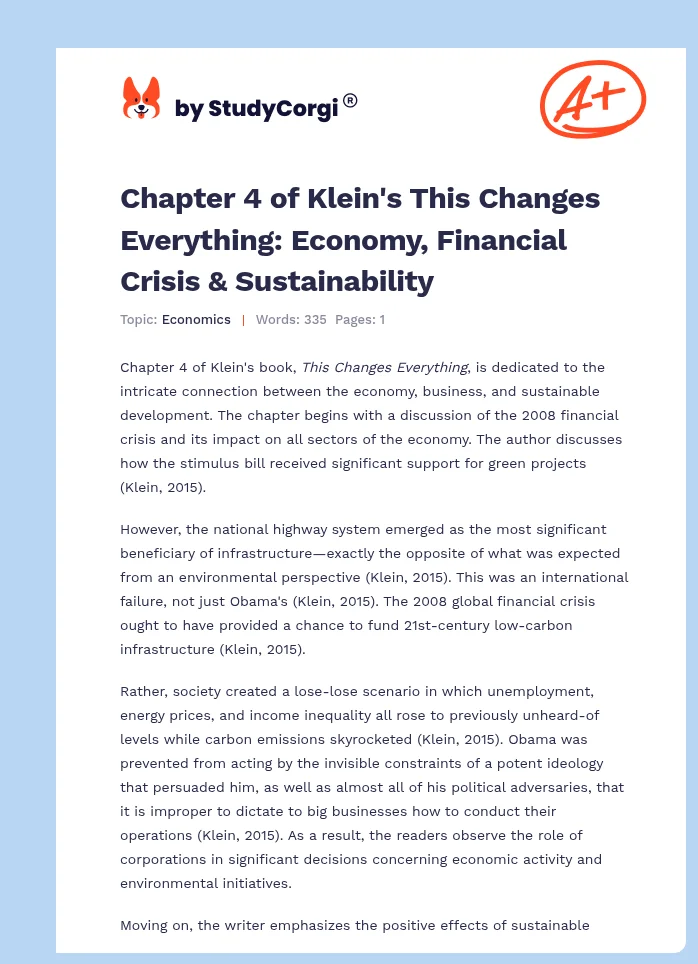 Chapter 4 of Klein's This Changes Everything: Economy, Financial Crisis & Sustainability. Page 1