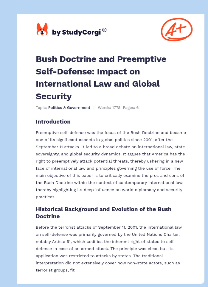 Bush Doctrine and Preemptive Self-Defense: Impact on International Law and Global Security. Page 1