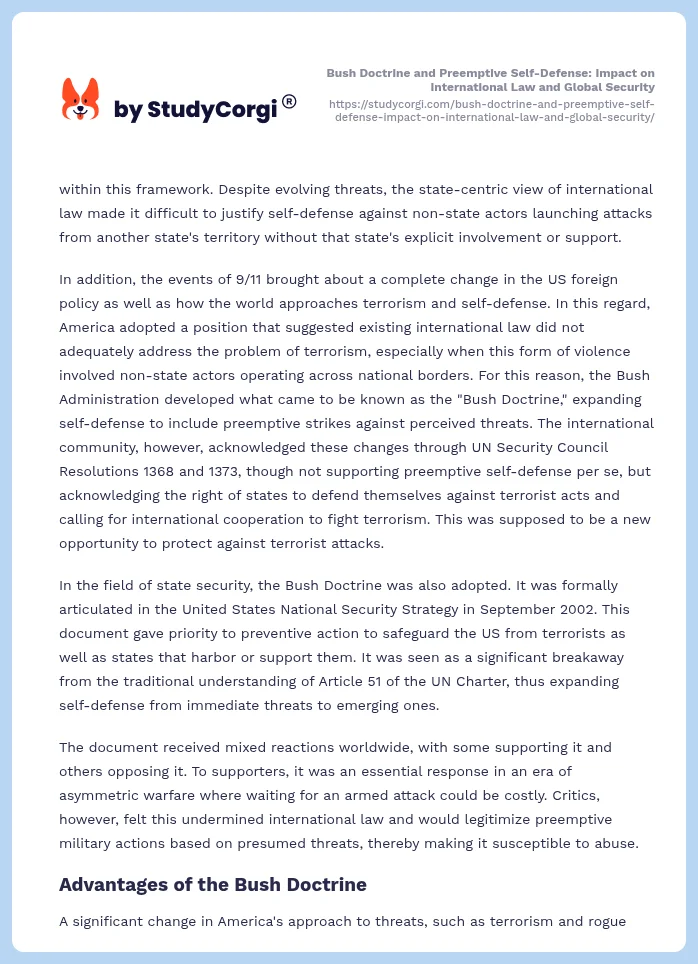 Bush Doctrine and Preemptive Self-Defense: Impact on International Law and Global Security. Page 2