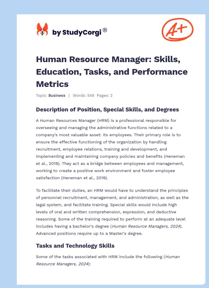 Human Resource Manager: Skills, Education, Tasks, and Performance Metrics. Page 1