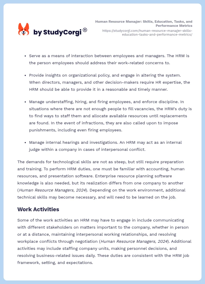 Human Resource Manager: Skills, Education, Tasks, and Performance Metrics. Page 2
