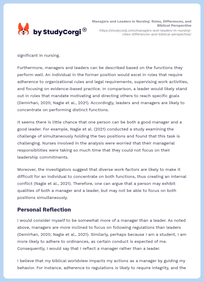 Managers and Leaders in Nursing: Roles, Differences, and Biblical Perspective. Page 2