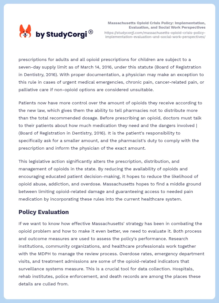 Massachusetts Opioid Crisis Policy: Implementation, Evaluation, and Social Work Perspectives. Page 2