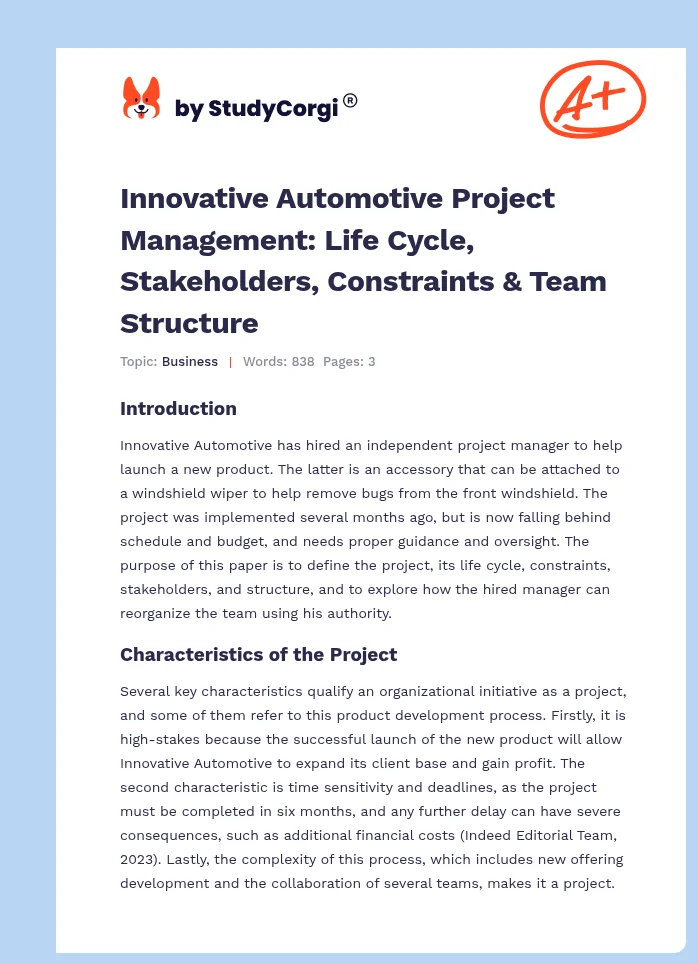 Innovative Automotive Project Management: Life Cycle, Stakeholders, Constraints & Team Structure. Page 1