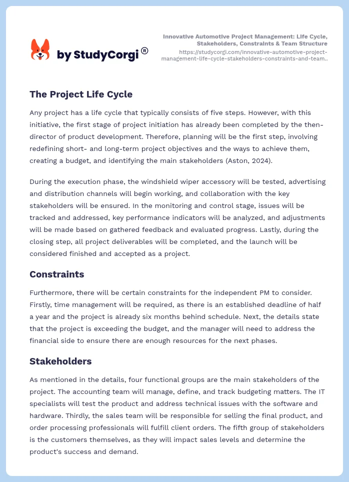 Innovative Automotive Project Management: Life Cycle, Stakeholders, Constraints & Team Structure. Page 2
