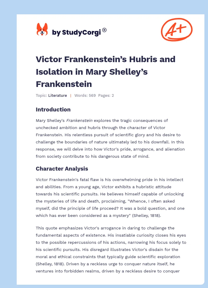 Victor Frankenstein’s Hubris and Isolation in Mary Shelley’s Frankenstein. Page 1
