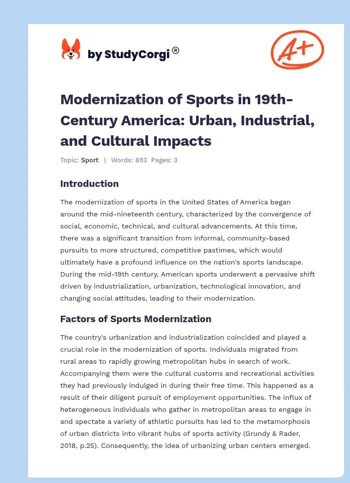 Modernization of Sports in 19th-Century America: Urban, Industrial, and Cultural Impacts. Page 1