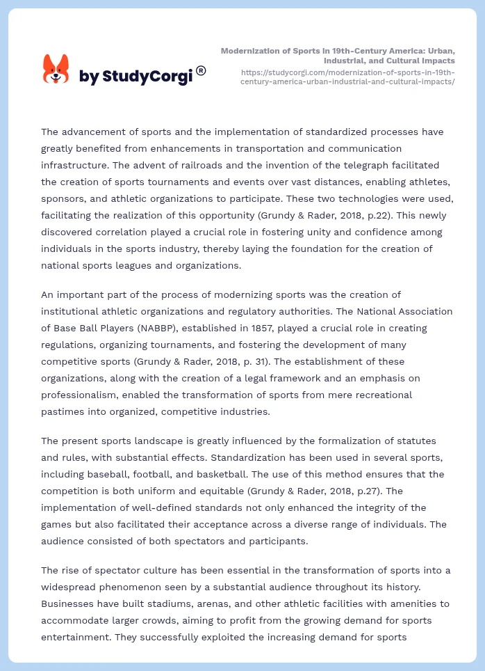 Modernization of Sports in 19th-Century America: Urban, Industrial, and Cultural Impacts. Page 2