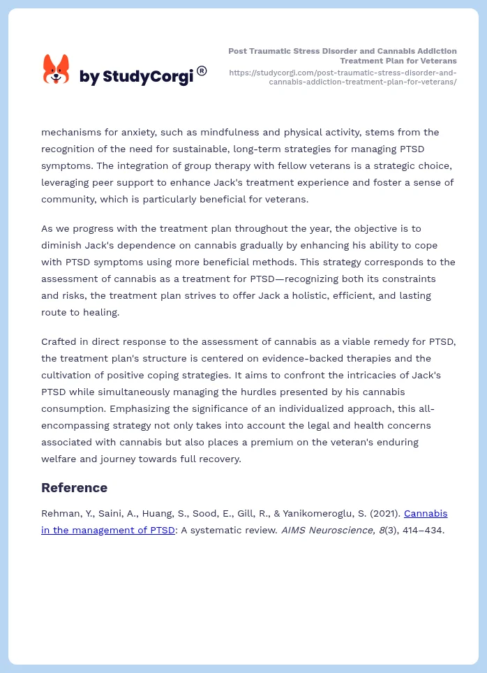 Post Traumatic Stress Disorder and Cannabis Addiction Treatment Plan for Veterans. Page 2