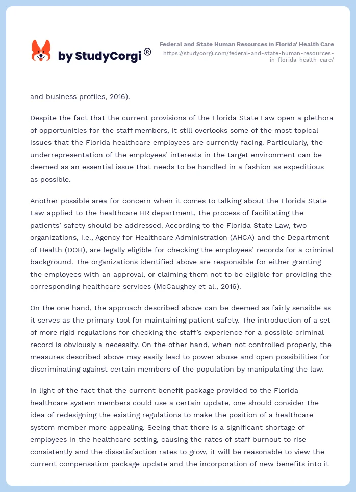 Federal and State Human Resources in Florida' Health Care. Page 2
