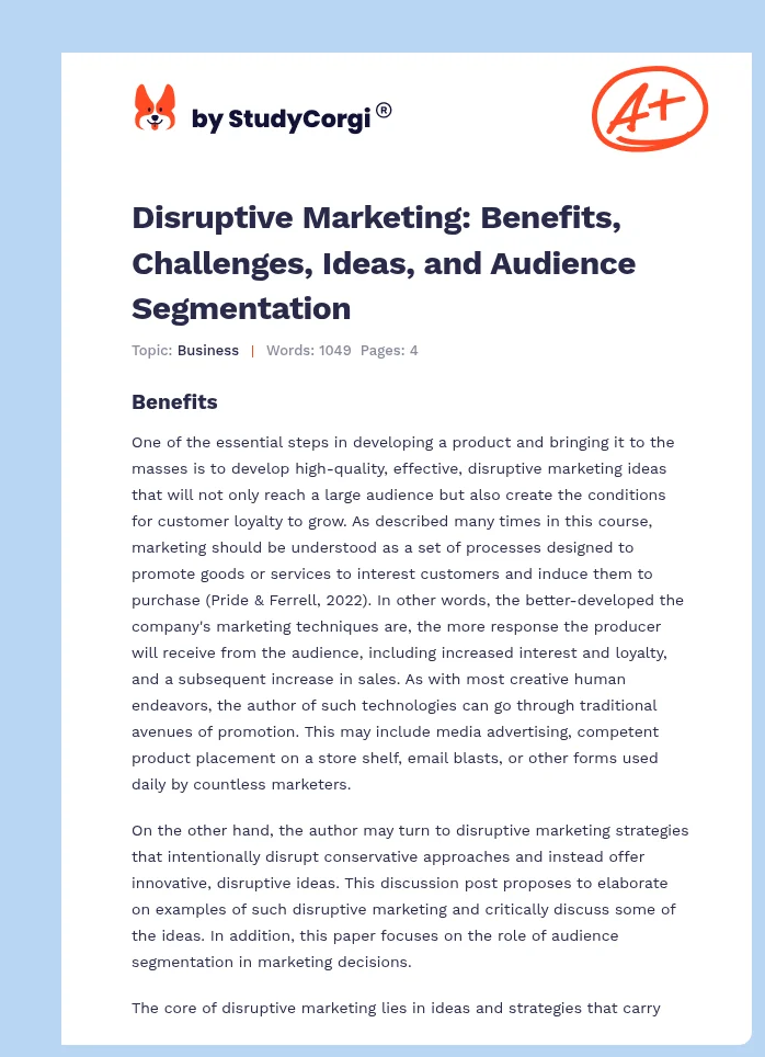 Disruptive Marketing: Benefits, Challenges, Ideas, and Audience Segmentation. Page 1