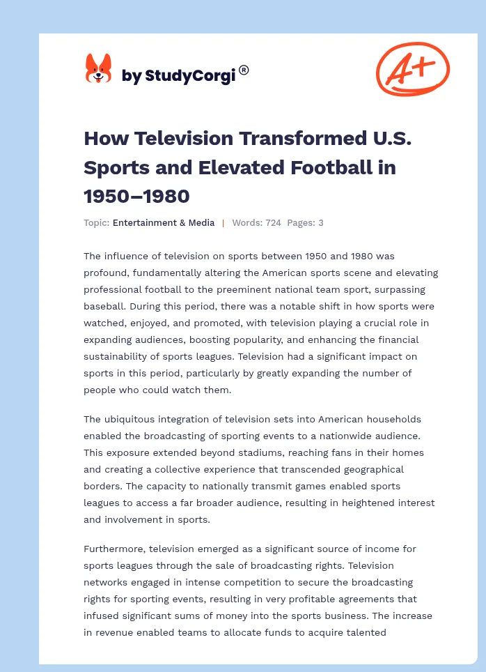 How Television Transformed U.S. Sports and Elevated Football in 1950–1980. Page 1