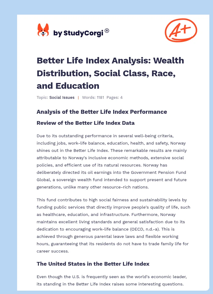 Better Life Index Analysis: Wealth Distribution, Social Class, Race, and Education. Page 1