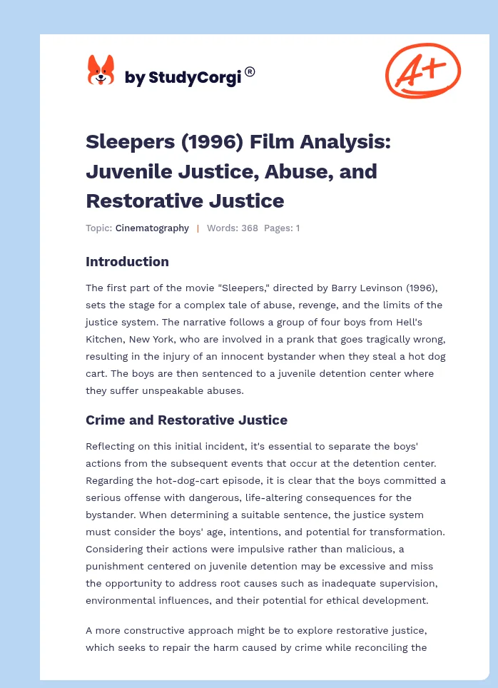 Sleepers (1996) Film Analysis: Juvenile Justice, Abuse, and Restorative Justice. Page 1