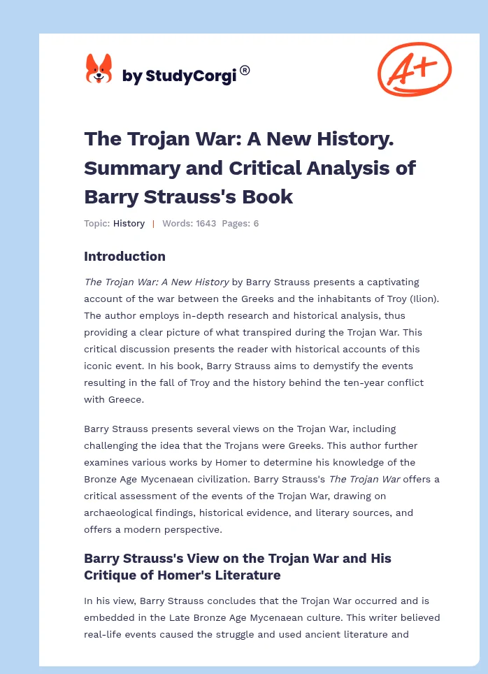 The Trojan War: A New History. Summary and Critical Analysis of Barry Strauss's Book. Page 1