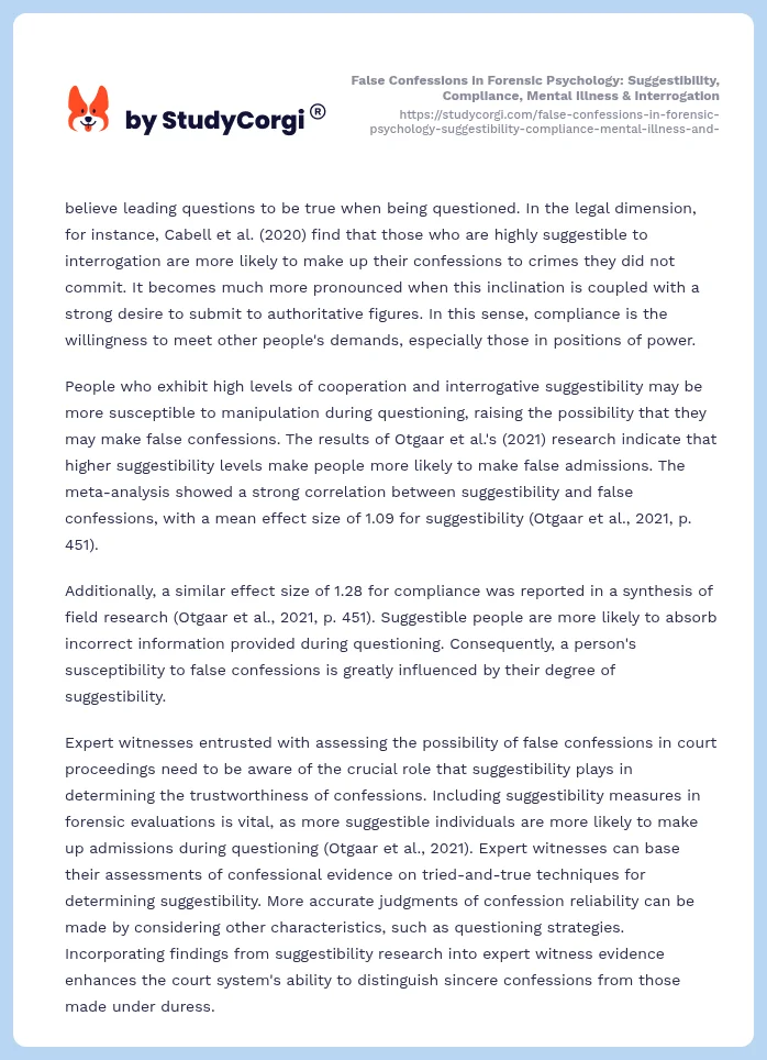 False Confessions in Forensic Psychology: Suggestibility, Compliance, Mental Illness & Interrogation. Page 2